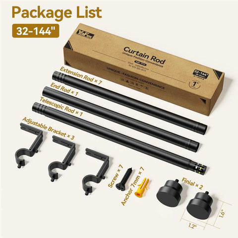 Heavy Duty Adjustable Curtain Rod 32 To 144 Inches Black 1 Inch Diameter Extra Long Window Rods Modern Design No Fuss Easy Install Fits Windows From 16 To 136 Inches Wide Telescoping Brackets Reduce Friction And Maximize Light Blocking package contents with rods, brackets, and finials