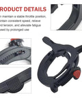 Close-up of Universal Motorcycle Cruise Control Throttle Lock With Quick Release Thumb Twist, showing rustproof handlebar clamp features.