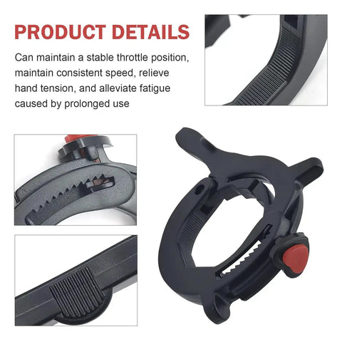 Close-up of Universal Motorcycle Cruise Control Throttle Lock With Quick Release Thumb Twist, showing rustproof handlebar clamp features.