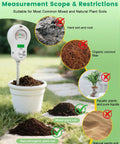 6-In-1 Soil Tester with 3 Probes for Moisture, pH, Fertility use in potted plant, showing measurement restrictions on various soils