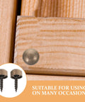24 Pcs Top Shelf Mirror Screws With Self Tapping Tips And Snug Decorative Caps close-up on wood, showcasing decorative caps and screws.