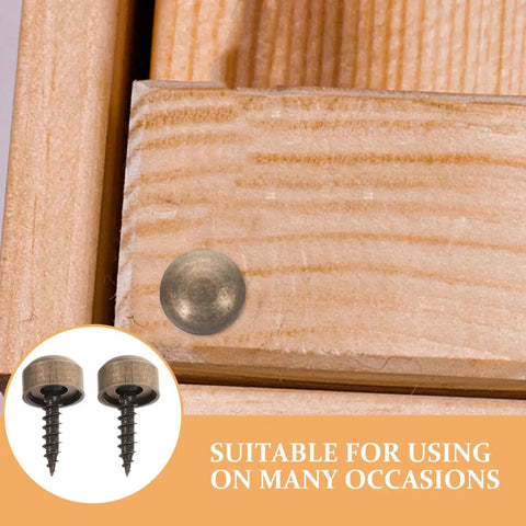 24 Pcs Top Shelf Mirror Screws With Self Tapping Tips And Snug Decorative Caps close-up on wood, showcasing decorative caps and screws.