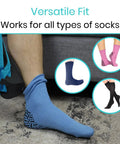 Sock Aid Easy On Easy Off Assist And Remover For Daily Living Helper With Patented Design No Bends Required No Sweat So Socks Go On And Off With Ease For Limited Mobility Recovery Seniors And Caregivers. Blue sock aid with 47.2-inch strap on foot.