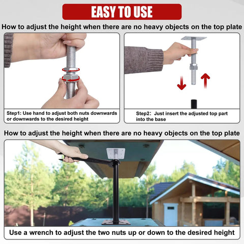 Adjusting Heavy Duty House Floor Jacks Solid As A Rock Adjustable Post Supports with wrench and nuts for height adjustment.