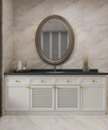 Bathroom vanity with 8 Pack Gold Brushed Brass Cabinet Knobs and Drawer Pulls, decorative solid zinc alloy handles on white cupboards.
