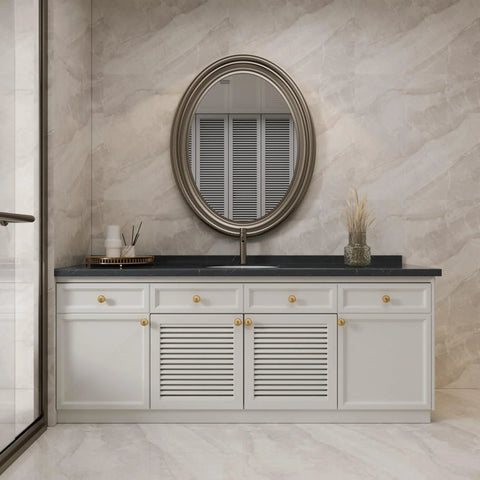 Bathroom vanity with 8 Pack Gold Brushed Brass Cabinet Knobs and Drawer Pulls, decorative solid zinc alloy handles on white cupboards.