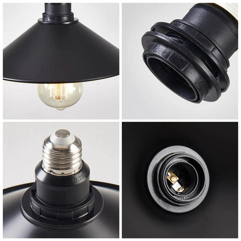 Close-up details of Two Pack E26 To E26 Industrial Ceiling Light Fixtures Matte Black Farmhouse Style showing socket and bulb fitting.