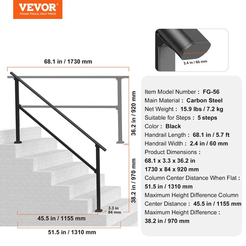 Five Step Outdoor Stair Hand Rail Kit for Concrete Steps, Heavy Duty Carbon Steel Rails With Installation Kit, black square tube
