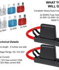 Heavy Duty Inline Blade Maxi Fuse Holder Kit With 6 Awg Wiring And Assorted Amp Blade Fuses Featuring Flippable Caps showing two fuse holders and assorted fuses.