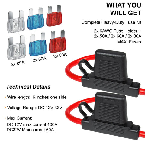 Heavy Duty Inline Blade Maxi Fuse Holder Kit With 6 Awg Wiring And Assorted Amp Blade Fuses Featuring Flippable Caps showing two fuse holders and assorted fuses.