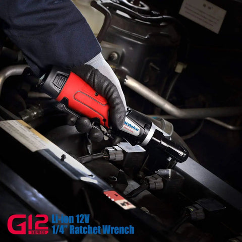 Mechanic using 12V Cordless Li Ion 1/4 Inch Torque Ratchet Wrench Kit With LED Light Ultra Compact And Lightweight Delivers 30 Ft Lbs