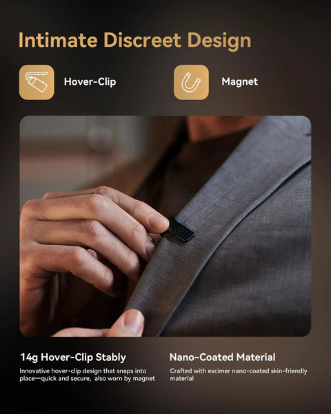 Close-up of Lark Max 2 Wireless Microphone System clip on suit lapel, nano-coated for iPhone and cameras.