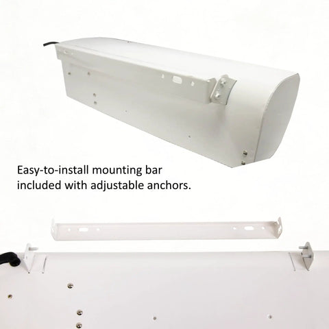 Kickin Heat Heavy Duty 24 Inch 240V Heated Air Curtain for Restaurant Drive Thru Windows with 160 CFM Warm Air Blower, includes mounting bar.