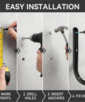 Installation steps for Top Tier Heavy Duty Steel Garage Hooks Wall Mounted Tool Storage Rack for ladders and bikes.