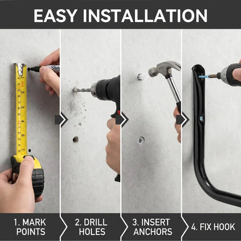 Installation steps for Top Tier Heavy Duty Steel Garage Hooks Wall Mounted Tool Storage Rack for ladders and bikes.