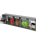 Five Bin Horizontal Tilt Bin Storage System With Clear Bins Dovetail Stackable Design For Office Breakroom Or Home Organization Gray Finish Keeps Supplies Visible And Handy with labeled compartments for seeds, pots, trimmer, and filters