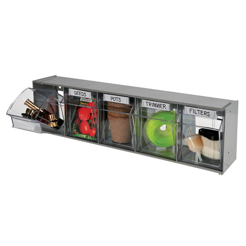 Five Bin Horizontal Tilt Bin Storage System With Clear Bins Dovetail Stackable Design For Office Breakroom Or Home Organization Gray Finish Keeps Supplies Visible And Handy with labeled compartments for seeds, pots, trimmer, and filters