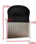 Front view of LGXEnzhuo stainless steel crinkle cutter with black handle; corrugated wavy blade, 3.54in wide, 5.31in tall