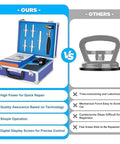 Comparison image showing Auto Body Paintless Dent Repair Kit with 1.38kW Puller vs manual dent tool with case and features.