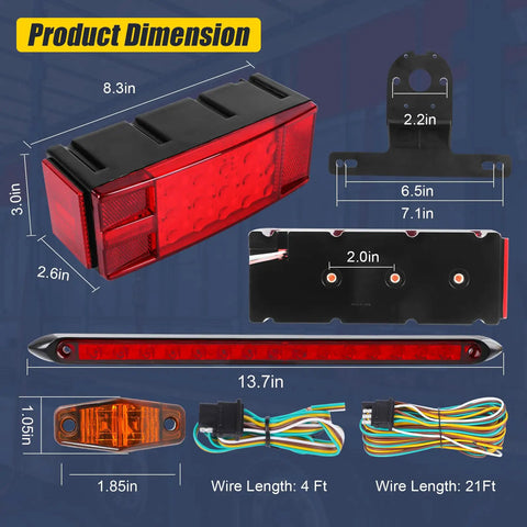 LED Boat Trailer Lights Kit With 25 Foot Wiring Harness Submersible Stop Brake Turn Tail Lights dimensions and components