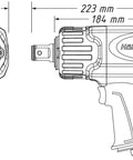 Heavy Duty Air Impact Wrench with dimensions 223mm x 184mm x 225mm, features ergonomic handle and durable design.