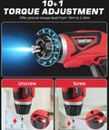 Close-up of Badass Cordless Electric Screwdriver Drill Set with 10+1 torque adjustment showing screwing and unscrewing action.