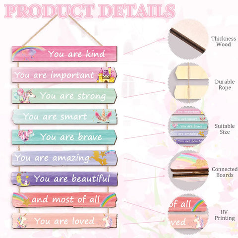 9 Piece Inspirational Unicorn Rainbow Wall Art Set For Girls Bedroom With Wooden Signs And Positive Affirmations product details.