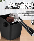 Black Espresso Knock Box With Large Capacity For Fast Grounds Disposal, Durable Shock Absorbing Puck Bin shown with espresso holder