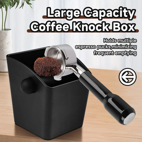 Black Espresso Knock Box With Large Capacity For Fast Grounds Disposal, Durable Shock Absorbing Puck Bin shown with espresso holder