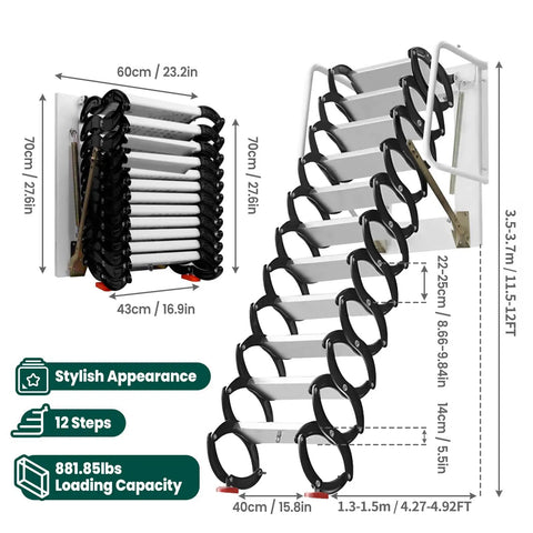 12 Step Retractable Attic Stairs With Armrests, Wall Mounted Loft Ladder, Aluminum Attic Ladder, Pull Down Design With Pull Rod, Built Tough But Lightweight, 900 Lb Capacity, Easy Access For Handy Home Upgrades. 12-step wall-mounted aluminum ladder, 60cm wide, for 8-12ft ceilings