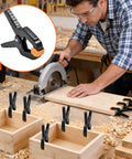 Hella Durable Plastic Spring Clamps 18 Pack 3.5 Inch Black Grip Clips holding wood pieces for woodworking projects.