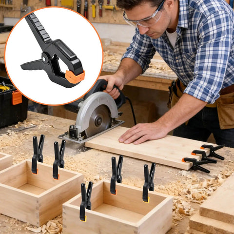 Hella Durable Plastic Spring Clamps 18 Pack 3.5 Inch Black Grip Clips holding wood pieces for woodworking projects.