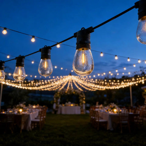24-Pack LED S14 String Light Bulbs, 1W Shatterproof Plastic Edison Style illuminating an outdoor evening event.