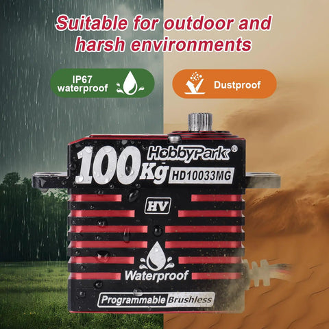 Waterproof Beefy Torque RC Servo 100KG 1380ozin 16.8V HV brushless full-metal gear shown in rain and dust resistant environment.