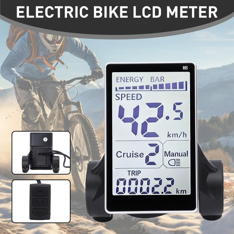 Universal 5 Pin LCD Display Meter For E Bikes And Scooters, 42.5 km/h speedometer, waterproof connector, left side mount