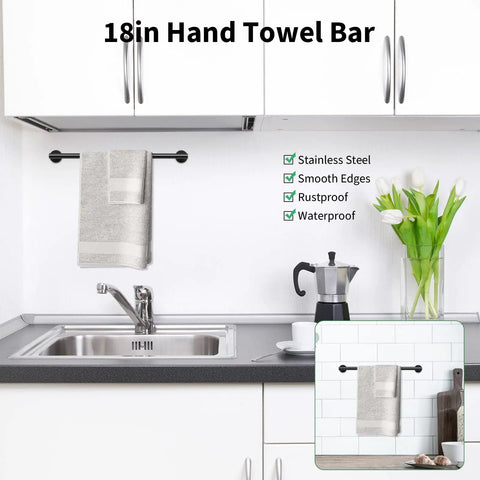 Matte Black 10 Piece Bathroom Hardware Set With 24 Inch Towel Bar 18 Inch Towel Rack Robe Hook And Toilet Paper Holder For Wall Mounted Easy Install Sleek Stainless Steel Accessories showing 18in hand towel bar above sink