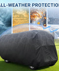Six Passenger Golf Cart Storage Cover For EZGO Club Car And Yamaha with all-weather protection shown outdoors on green field.