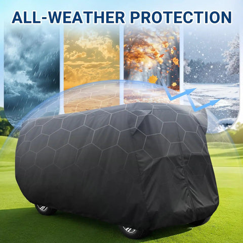 Six Passenger Golf Cart Storage Cover For EZGO Club Car And Yamaha with all-weather protection shown outdoors on green field.