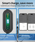 Smart charge features of a 40 Amp Level 2 EV Charger with scheduling options displayed on a phone and charger interface.