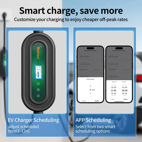 Smart charge features of a 40 Amp Level 2 EV Charger with scheduling options displayed on a phone and charger interface.