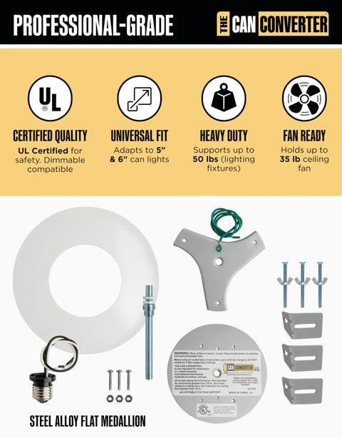 No Sweat Install Recessed Can Light Conversion Kit With 7 Inch Flat Steel Ceiling Medallion For 5 And 6 Inch Cans components on display.