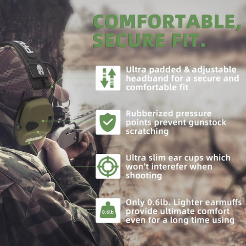 Hunter wearing Electronic Ear Protection For Shooting With 4X Sound Amplification And Gun Range Hearing Muffs NRR 23dB Noise Reduction Headphones For Hunting So You Can Hear Conversations Clearly Green in outdoor setting.