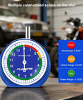 32nds Tire Tread Depth Gauge With Glow In The Dark Luminescent Dial And Storage Bag For Cars Trucks And Motorcycles displayed on workbench