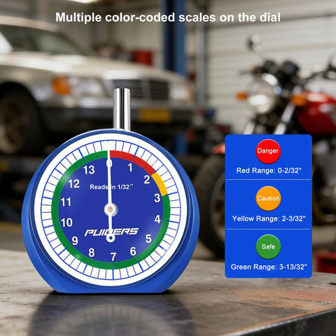 32nds Tire Tread Depth Gauge With Glow In The Dark Luminescent Dial And Storage Bag For Cars Trucks And Motorcycles displayed on workbench