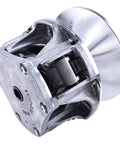 Diesel Drive Clutch For Club Car XRT 1500 And XRT 1550 Part 103828101 Replacement, Heavy Duty Beefed Up Performance Upgrade, Fits Club Car Utility Golf Carts, Includes One Clutch, 6 Month Warranty. Silver metal drive clutch on white background.