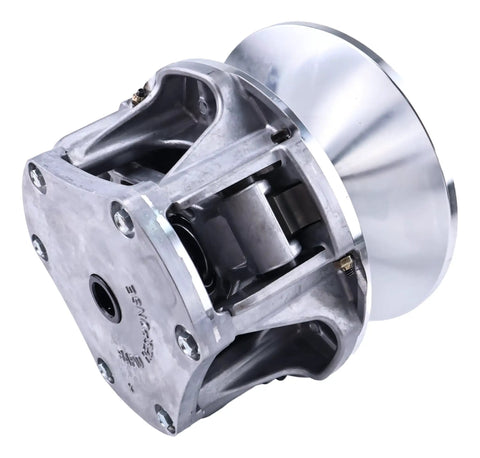 Diesel Drive Clutch For Club Car XRT 1500 And XRT 1550 Part 103828101 Replacement, Heavy Duty Beefed Up Performance Upgrade, Fits Club Car Utility Golf Carts, Includes One Clutch, 6 Month Warranty. Silver metal drive clutch on white background.