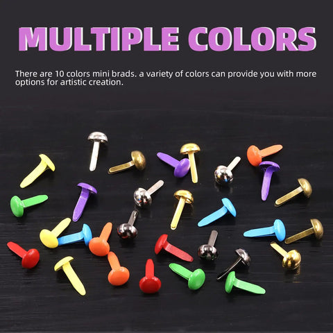 Straight Fire 1000 Piece Assorted Metal Paper Brads Kit In Ten Bold Hues Featuring Eight Millimeter Round And Mushroom Head Fasteners perfect for scrapbooking and fabric work.