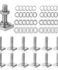 Hardcore 12 Pack Stainless Steel T Track Bolts M8 Square Head Fasteners With Lock Nuts And Assorted Washers For Kayak Bike Racks Roof Cross Bars No Sweat Rigging, including bolts, nuts, and washers.