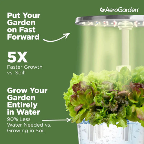 Harvest Elite 360 Indoor Hydroponic Garden System with LED grow light and herb kit on countertop showing water-grown lettuce