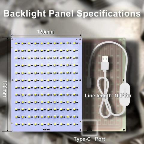 CMYK Lithophane LED Backlight Kit 120mm by 156mm panel with USB-C cord and touch switch, Bambu Lab compatible